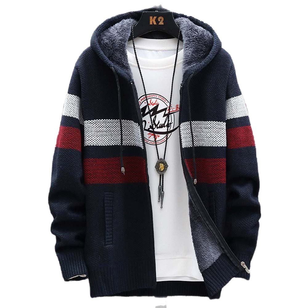 Wool Blend Coat - Erkek Çizgili Kazak Ceket Kalın Polar