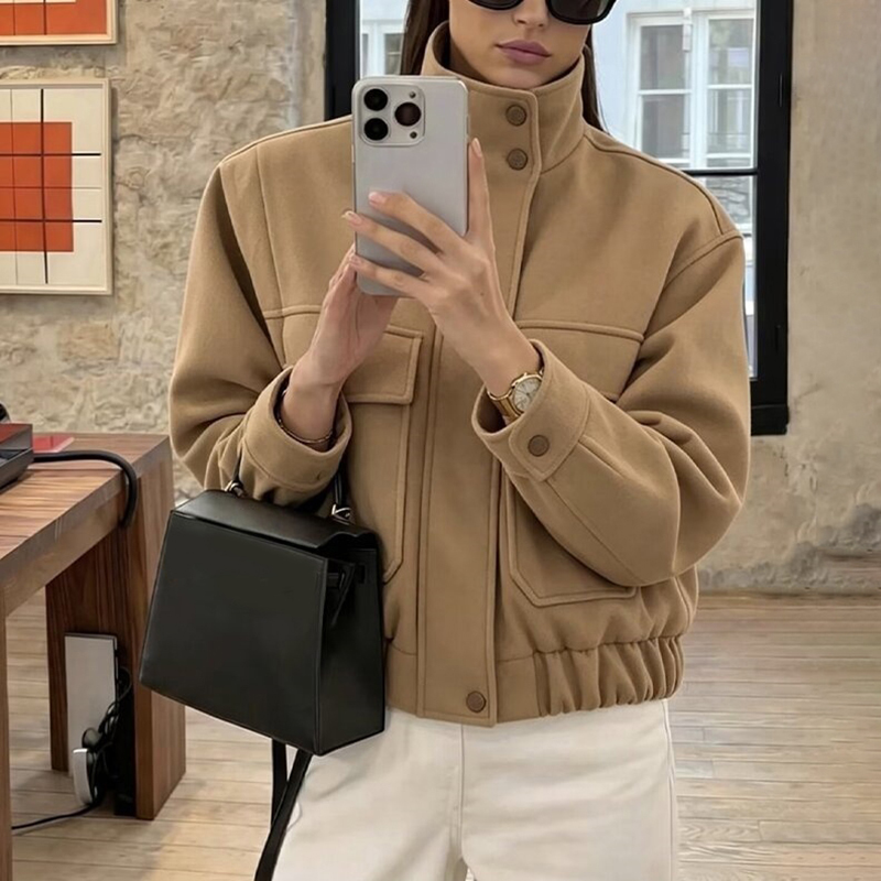 Wool Blend Coat - Minimalist Kadın Pilot Ceket Dik Yaka