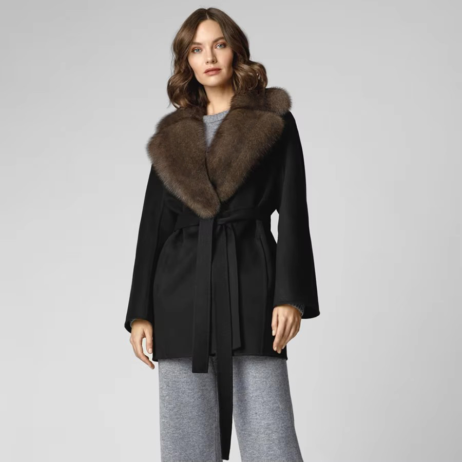 Wool Blend Coat - Doğal Tilki Kürkü Ceket, Düşük Yaka